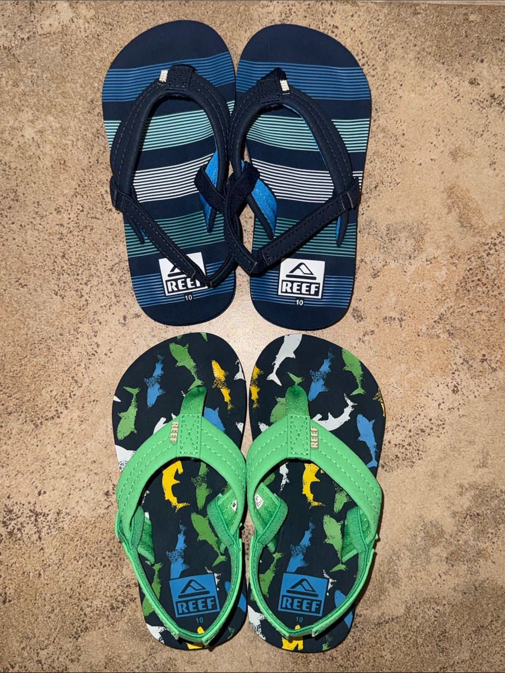 2pr of Reef Kids Navy Stripe Flip Flops & Green Shark Print Sandals - Size 10